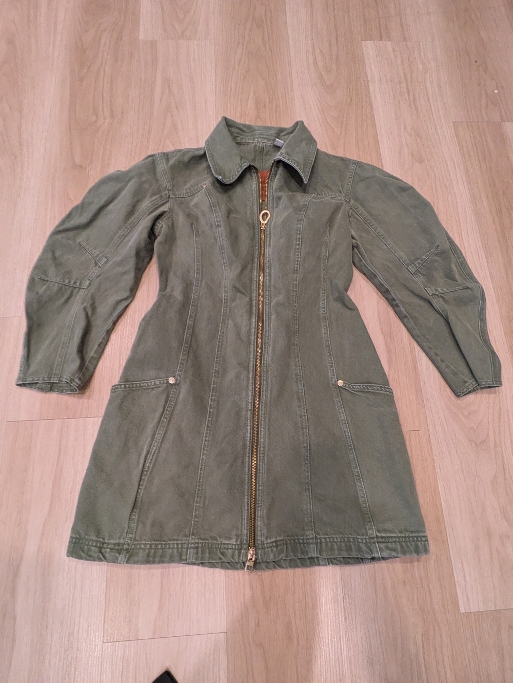 Cult Gaia Barrel Sleeve Olive Denim Structured Mini Dress Size S